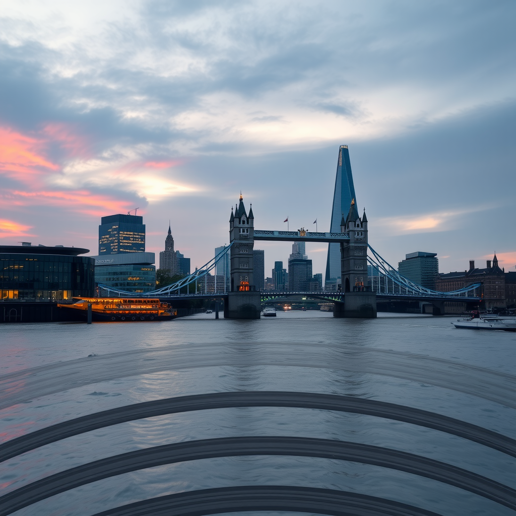 A panoramic view of the London skyline at dusk, featuring Tower Bridge and the Shard.