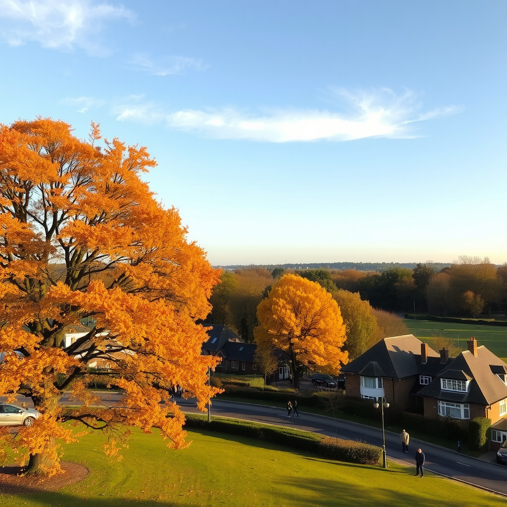 A scenic view of Richmond Park in London during autumn, with golden leaves on the trees and a crisp, clear sky.