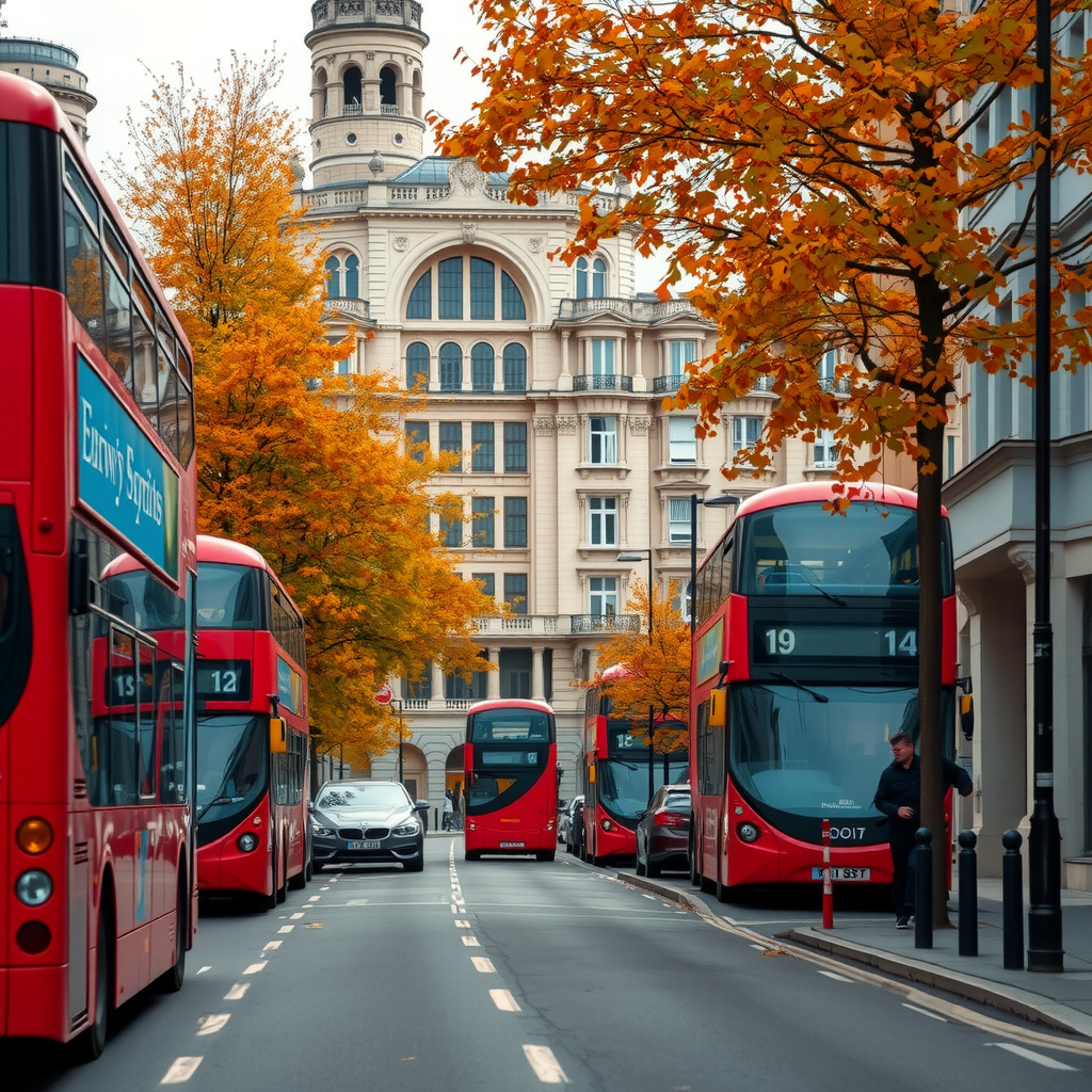 A picturesque London street in autumn, with red double-decker buses, historic architecture, and trees with golden and orange leaves lining the pavement.