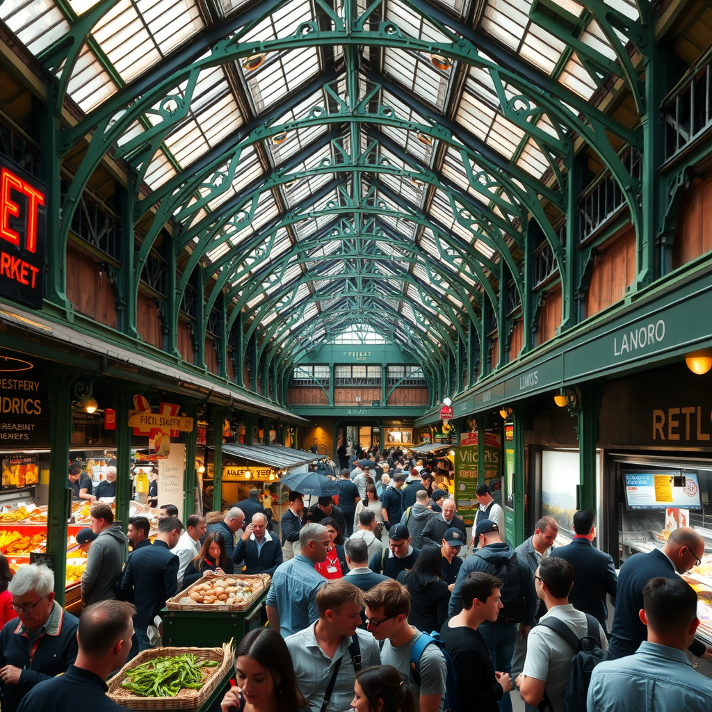 A bustling scene inside London's Borough Market, with crowds of people exploring various food stalls under its historic green ironwork structure.
