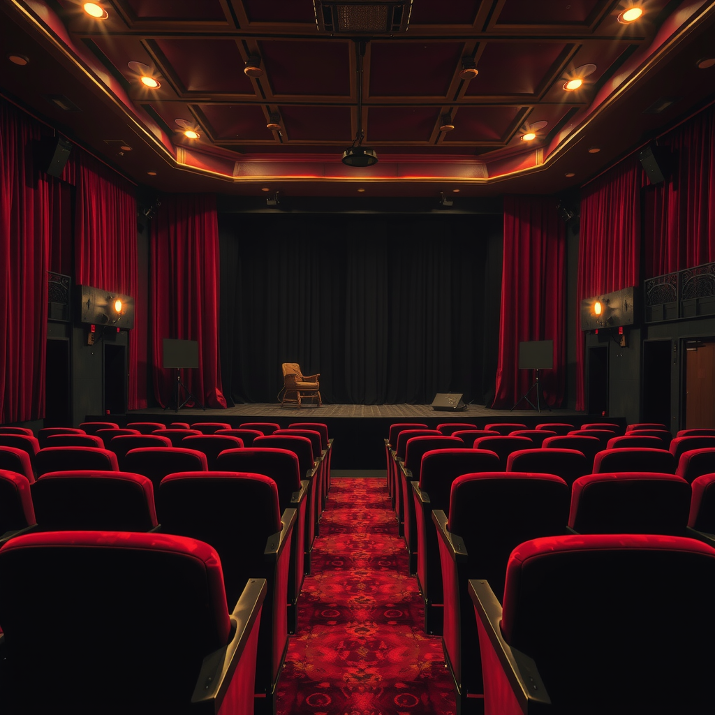 An intimate fringe theatre stage with empty red velvet seats facing a dimly lit set, conveying a sense of anticipation before a show.