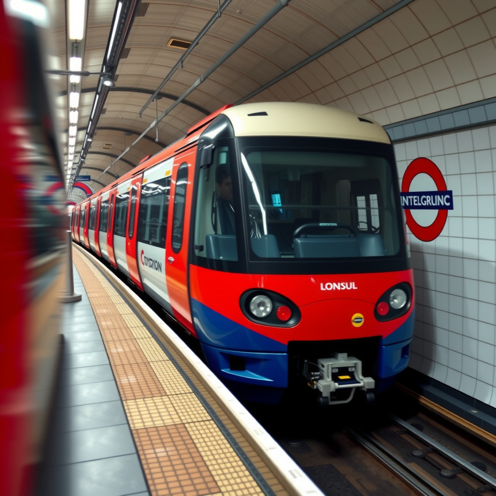 A red, white, and blue London Underground train pulling into a station platform, with the iconic roundel sign visible on the wall.