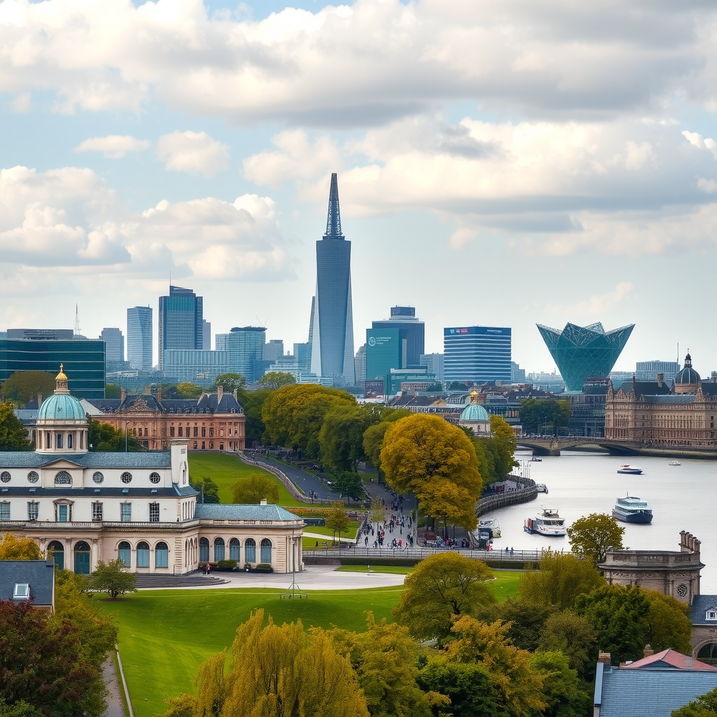 A sweeping panoramic view of Greenwich with the Queen's House and Old Royal Naval College in the foreground and the modern skyscrapers of Canary Wharf rising in the background across the River Thames.