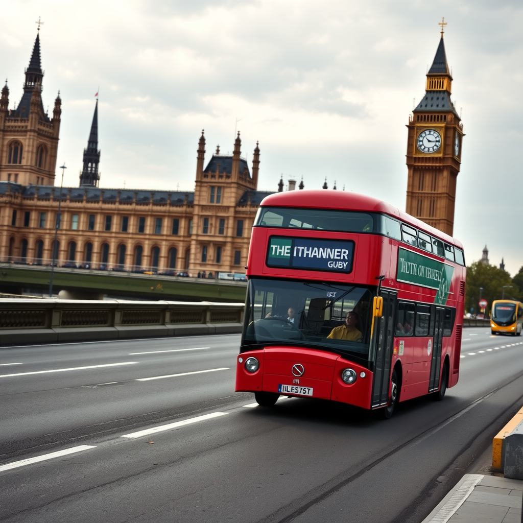 A classic red double-decker bus crossing Westminster Bridge with the Houses of Parliament in the background.