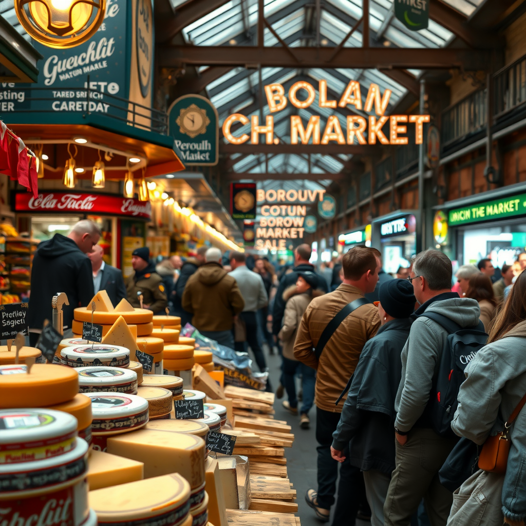 A vibrant and bustling scene inside Borough Market, with a close-up on a stall selling artisanal cheeses and gourmet street food to a crowd of visitors.