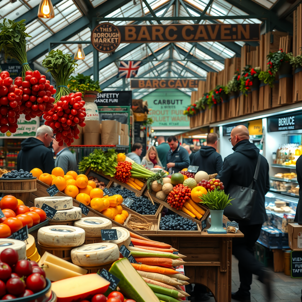 A vibrant and bustling stall at Borough Market, showcasing colorful fresh produce and artisanal cheeses.