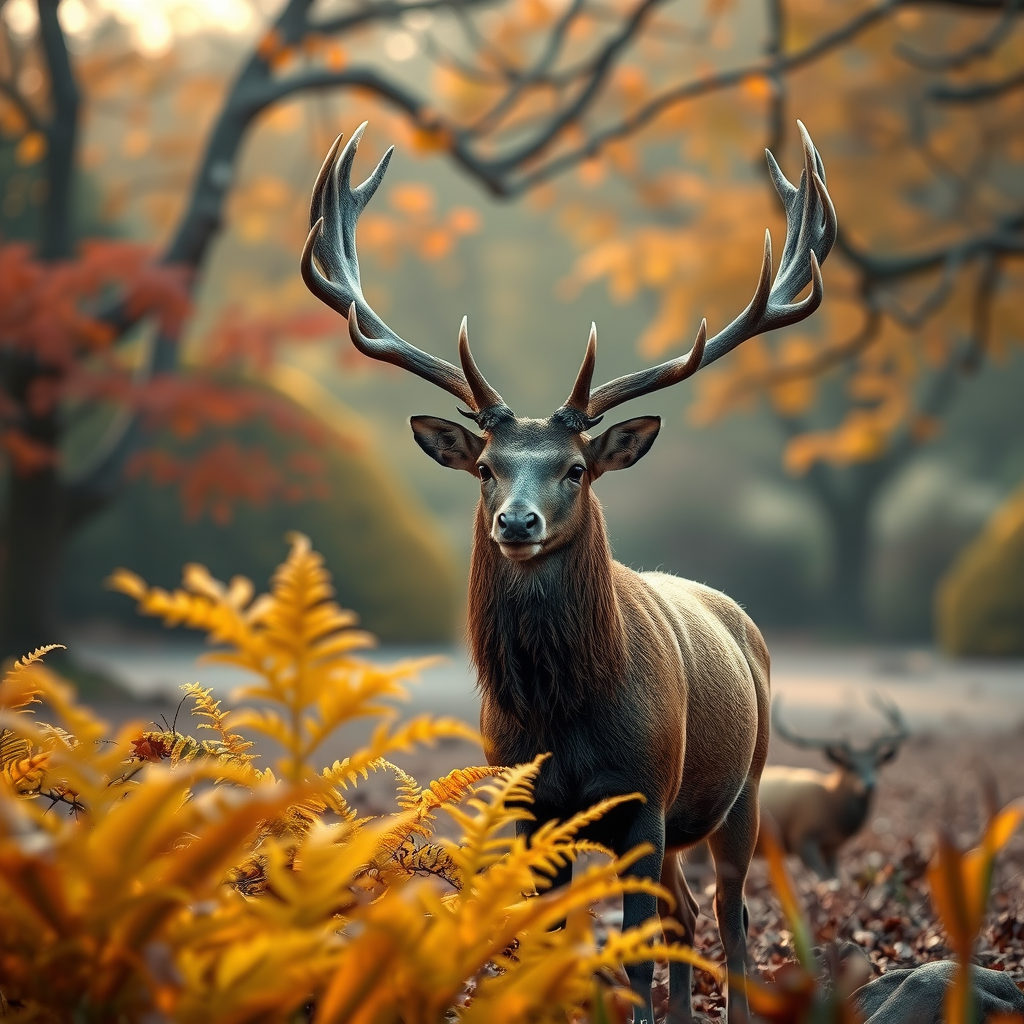 A majestic stag with large antlers standing in Richmond Park during autumn, surrounded by golden ferns and trees with orange leaves under a soft, misty light.