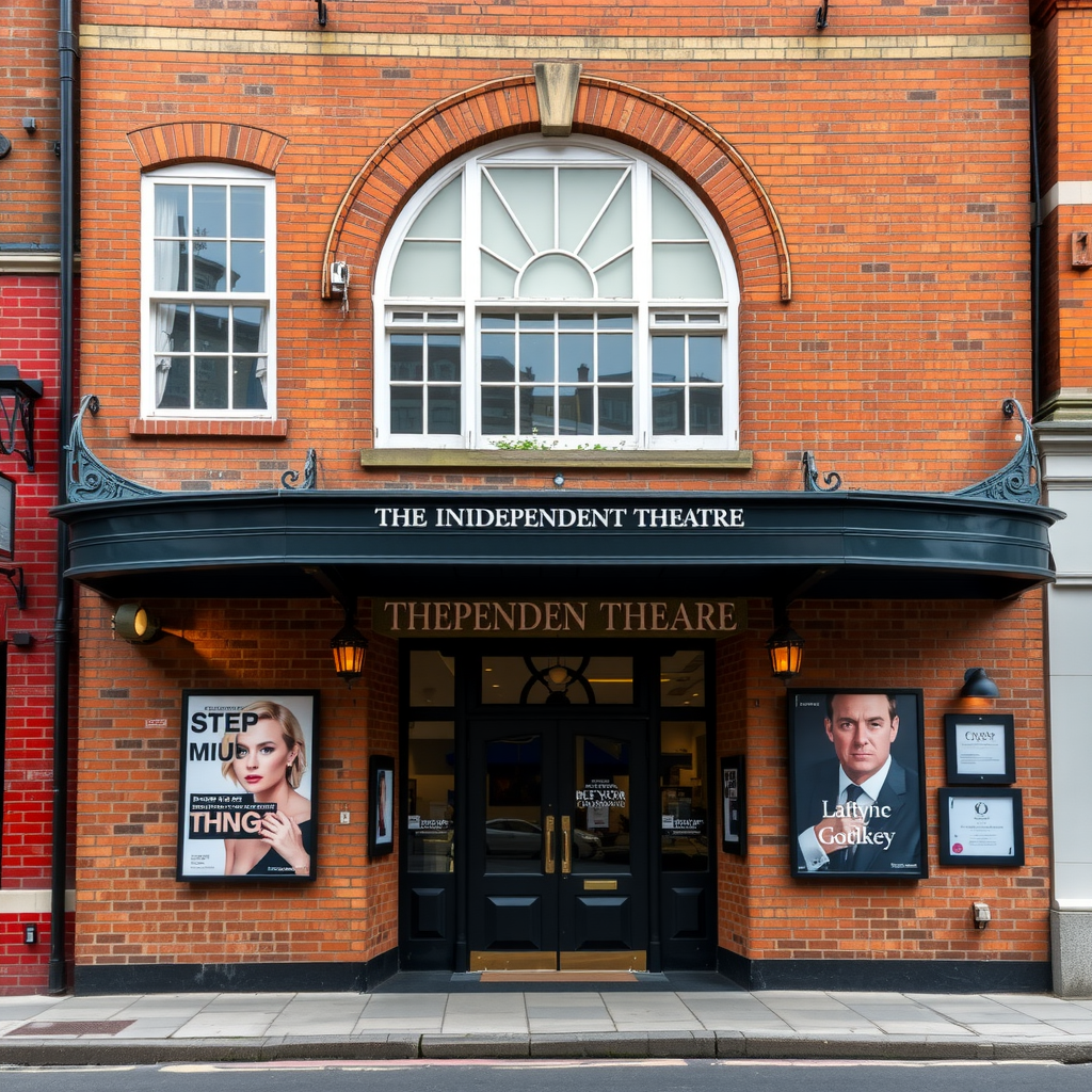 The charming brick facade of a historic independent theatre in Islington, with a classic canopy and posters advertising current shows.