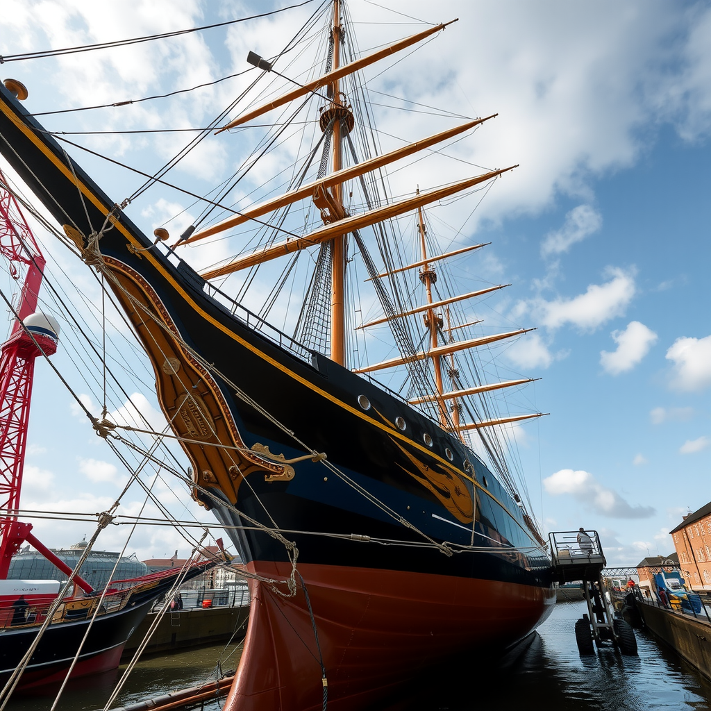 The impressive Cutty Sark tea clipper viewed from below its copper hull in its dry dock in Greenwich, with its tall masts reaching towards the sky.