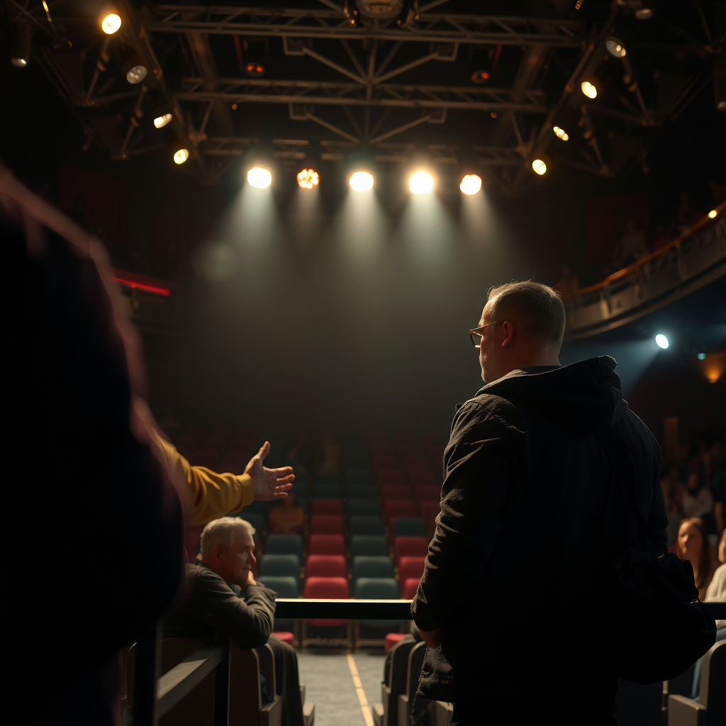 An intimate view of a stage in a London fringe theatre in Camden, with dramatic lighting on two actors during a performance in the winter season.