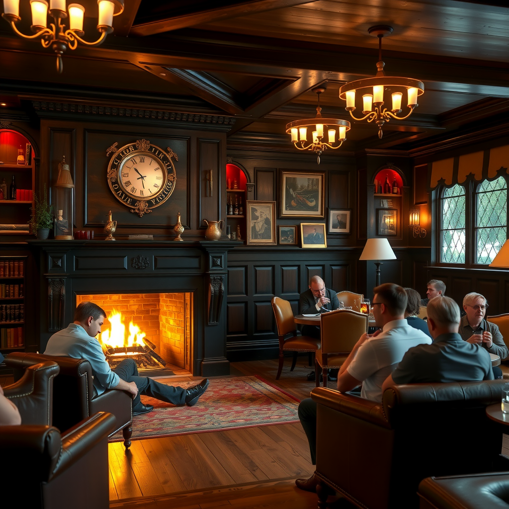 The warm and inviting interior of a historic London pub, with a large fireplace crackling, dark wood paneling, comfortable leather armchairs, and patrons enjoying a drink.