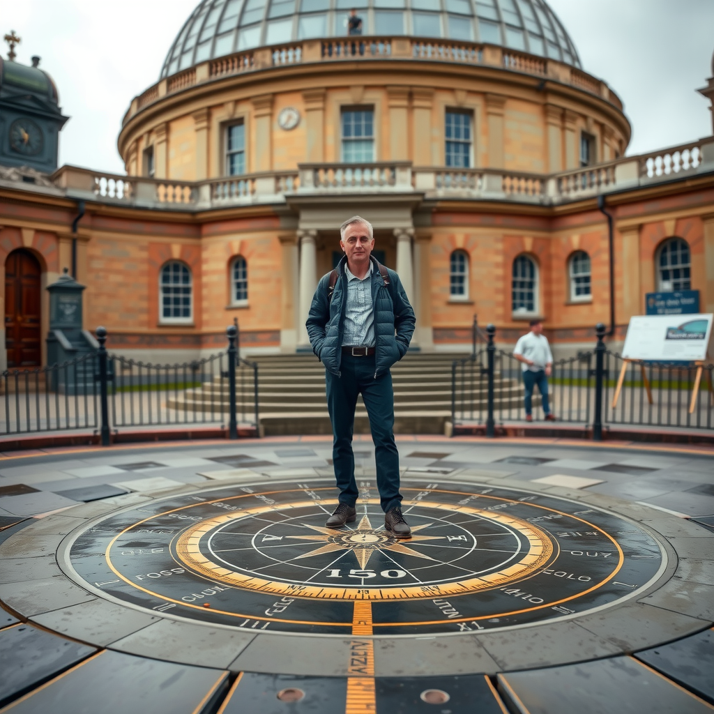 A tourist standing with one foot on either side of the brass Prime Meridian Line at the Royal Observatory in Greenwich, with the historic Flamsteed House in the background.