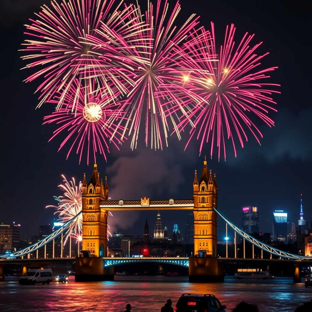 A spectacular fireworks display exploding over the London skyline at night, with iconic landmarks like the Tower Bridge or the Houses of Parliament visible below the colourful bursts.