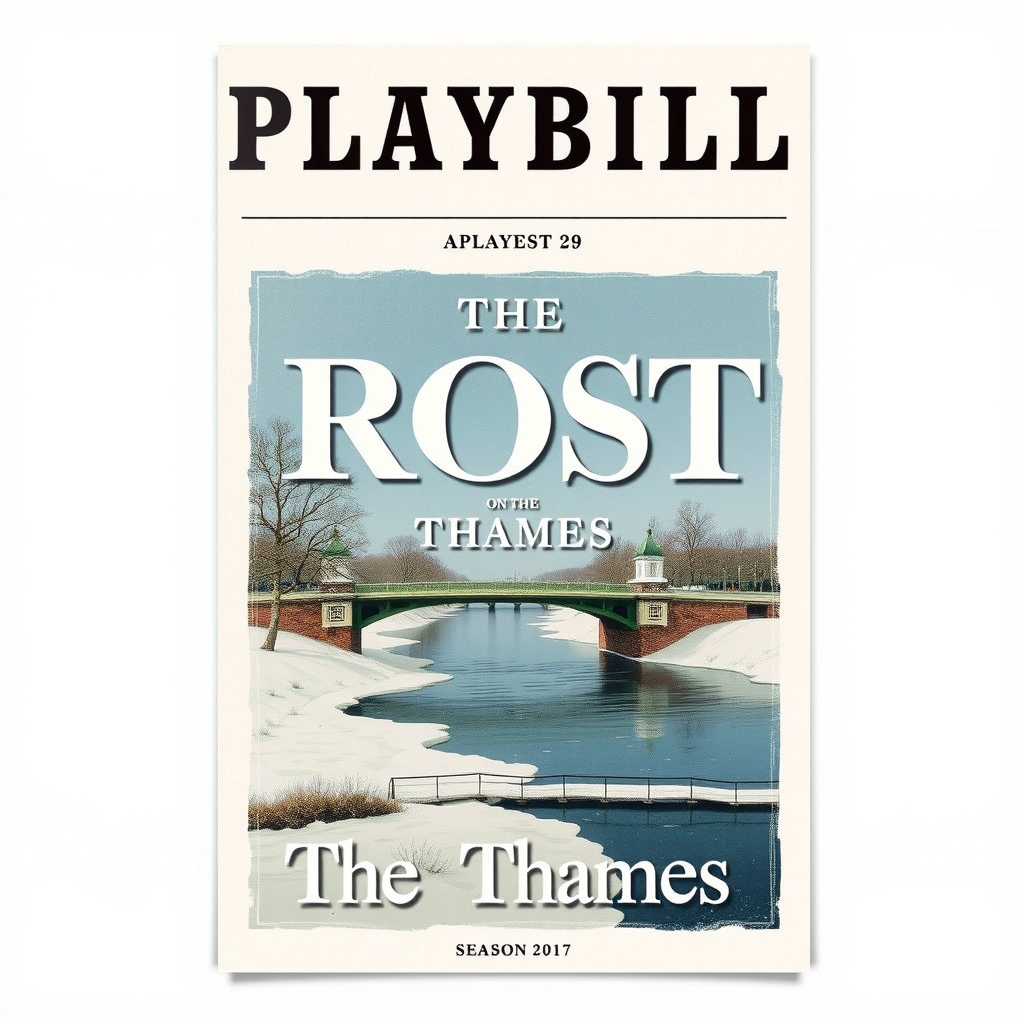A stylized mockup of a theatre playbill with bold typography for 'The Frost on the Thames', featuring a vintage illustration of a frozen River Thames.