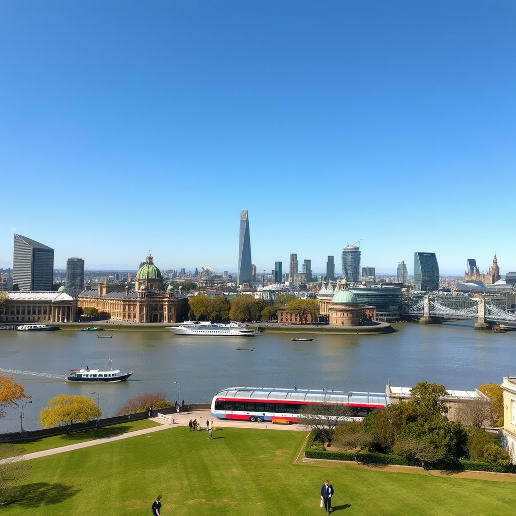 The iconic panoramic view of the London skyline from Greenwich Park, showing the River Thames, the Old Royal Naval College, Canary Wharf, and the City of London under a clear blue sky.