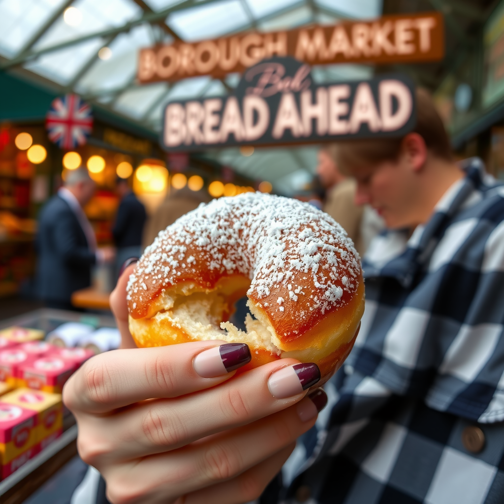 A person enjoying a freshly baked, sugar-dusted doughnut from Bread Ahead Bakery within Borough Market.