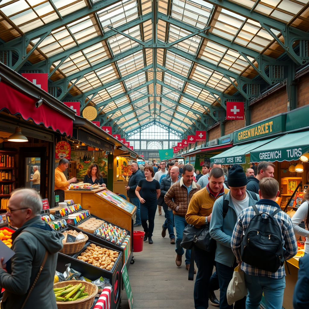 A bustling scene inside the covered Greenwich Market, with various stalls selling unique crafts, art, and delicious street food to a diverse crowd of visitors.